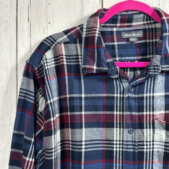 Eddie Bauer Mens Plaid Flannel Shirt Navy Burgundy Cozy Rustic Fall Outdoor - Picture 3 of 14